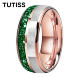 Dome Double Groove Inlaid With Green Crystal Stone Mother Of Pearl Shell Tungsten Rings