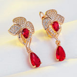 14 Karat Rolled Gold Luxury Red AAA Zircon Diamonds Dangle Retro Drop Shape Earrings