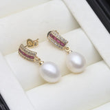 Curved Bar Silver Multicolour Real Pearl Red and Clear AAA zirconia Dangle Earrings