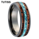 Inlaid Hawaiian Koa Wood Sky Blue Crystal Stone 6/8mm Tungsten Carbide Rings