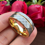 Multi-Faceted Brushed Offset Grooved  Hammer Finish 8MM Tungsten Wedding Rings