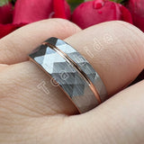 Multi-Faceted Brushed Offset Grooved  Hammer Finish 8MM Tungsten Wedding Rings