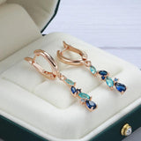 New Fashion 14K Rolled Rose Gold Luxury Blue AAA Zircon Crystals Leaf Long Dangle Earrings - Fine  Jewellery