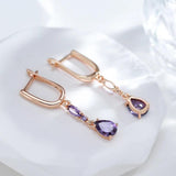 Classic Drop Shape Purple 14K Rolled Rose Gold AAA Zircon Crystals Dangle Earrings - Fine Jewellery