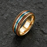 Inlaid Whiskey Barrel Wood and Blue-Green Opal 6/8MM Men Women Tungsten Rings