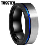New Arrival 8MM Black Blue Offset Grooved Brushed Tungsten Carbide Wedding Ring for Men Women - The Jewellery Supermarket