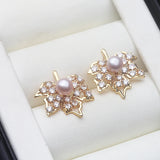 Maple Leaf Design Real Pink/Purple/White Pearl AAA Zircon Diamonds Silver Earrings