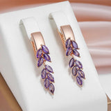 Luxury 14K Rolled Rose Gold Purple AAA Zircon Crystals Leaf-Shaped Dangle Earrings For Women - Fashion Jewellery