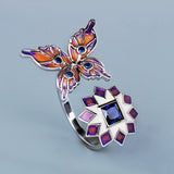 Butterfly Flower Red Green AAA Zircon Crystals Handmade Enamel Open Ring