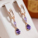 Classic Drop Shape Purple 14K Rolled Rose Gold AAA Zircon Crystals Dangle Earrings - Fine Jewellery