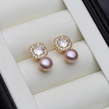 Square Setting AAA Zircon Diamonds Hanging Natural Multicolour Pearls Stud Earrings