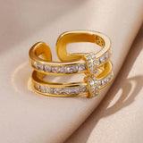 Luxury Opening Stainless Steel Micro Square AAA Zircon Crystals Rings for Women - Vintage Daily use Jewellery - The Jewellery Supermarket