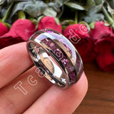 Purple Crystal Stone Inlay Domed Polished 6mm 8mm Tungsten Wedding Men Women Rings