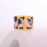 New Enamel Handmade 18KGP Hand Painted Pink Blue Floral Wide Ring