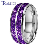 Purple Crystal Stone Inlay Domed Polished 6mm 8mm Tungsten Wedding Men Women Rings