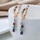 New Fashion 14K Rolled Rose Gold Luxury Blue AAA Zircon Crystals Leaf Long Dangle Earrings - Fine  Jewellery