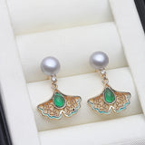 Classic Butterfly Multicolour Real Pearl Green Zircon Silver Stud Drop Earrings