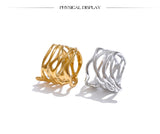 18K Gold Plated Trendy Stainless Steel Layered Hollow Geometric Wide Fashion Ring