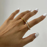 18K Gold Plated Minimalism Glossy Shine Stainless Steel White Cubic Zirconia Inlaid Double Layer Ring