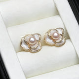 Camellia Flower Silver Multicolour Real Pearls Silver Cute Stud Earrings