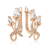 Delightful Rose Flower 14K Rolled Rose Gold AAA Zircon Diamonds Drop Luxury Earrings - Bridal Fine Jewellery