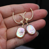 Natural White Purple Baroque Pearl AAA Zircon Diamonds Silver Long Earrings