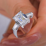 3 Stone 2 - 4CT Emerald Cut VVS1 D Colour Moissanite Diamond Silver Engagement Ring
