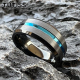 Beveled Edges Grooved Brushed Surface 8mm Black Blue Tungsten Carbide Rings