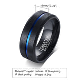 New Fashion Stylish Matte Brushed Black Plated Blue Lined Tungsten Rings - Engagement Wedding Jewellery - The Jewellery Supermarket