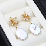 Flower Design Real Baroque White Pink Pearl AAA Zircon Diamonds Silver Earrings