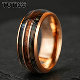 Whiskey Barrel Abalone Shell Inlaid With Rose Gold Polished Edge Tungsten Wedding