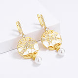 Fashion Handmade Enamel Round White Pendant Inlaid Pearl Gold Colour Earrings