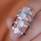 Gorgeous 3 Stone 1-4ct Emerald Cut VVS1 D Colour Moissanite Diamonds Silver Ring