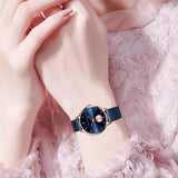 Elegant Simple Fashion Rose Gold Colour Case Ladie's Watch Blue Stainless Steel Mesh Belt Quartz Waterproof Watches