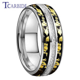Bright Meteorite Gold Foil Inlay 8MM 18k Gold Colour Tungsten Carbide Wedding Rings