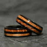 Double Groove Inlay Whiskey Wood, Domed High Polished Tungsten Carbide Rings