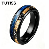 Polishing Dome Blue Glass Stone Meteorite Gold Foil Inlay 6mm 8mm Tungsten Rings
