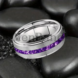 Purple Crystal Stone Inlay Brushed Finish Silver Finish 6/8MM Tungsten Rings