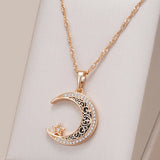 14K Rolled Gold Trend Black Enamel Stars Moon AAA Zircon Diamonds Ethnic Necklace