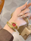 Snake Wrap Oval Rhinestone Bezel Red White Dial Metal Snake Chain Quartz Watch