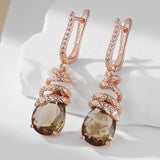 14K Rolled Gold Unique Brown AAA Zircon Crystals Snake Design Dangle Earrings for Women