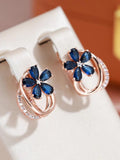 Luxury Geometric 14K Filled Rose Gold AAA Blue Zircon Crystals Flower Clip Earrings - Fashion Vintage Jewellery