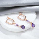 Classic Drop Shape Purple 14K Rolled Rose Gold AAA Zircon Crystals Dangle Earrings - Fine Jewellery