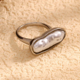 18K Gold Plated Stainless Steel Baroque Long Strip Faux Pearl Ring
