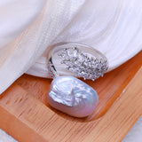 Big Baroque Natural Freshwater Pearl AAA Zircon Crystals Gold Colour Rings
