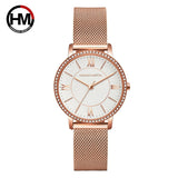 New Elegant Luxury Zircon Diamonds Quartz Movement 34mm Stainless Steel Mesh Leather Strap Casual Fashion Wristwatch