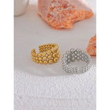 18K Gold Plated Stainless Steel Round Beads Layered Wide Trendy Fashion Ring