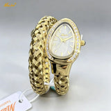 Luxury Lab Diamond Inlaid Gold Snake Braided Bangle Bracelet Ladies Watch
