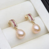 Curved Bar Silver Multicolour Real Pearl Red and Clear AAA zirconia Dangle Earrings