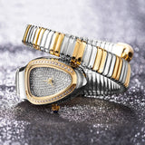 Amazing Luxury Zircon Diamond Dial Stainless Steel Quartz Wristwatch Fashion Snake Watch for WomenLady Dress Jewelry